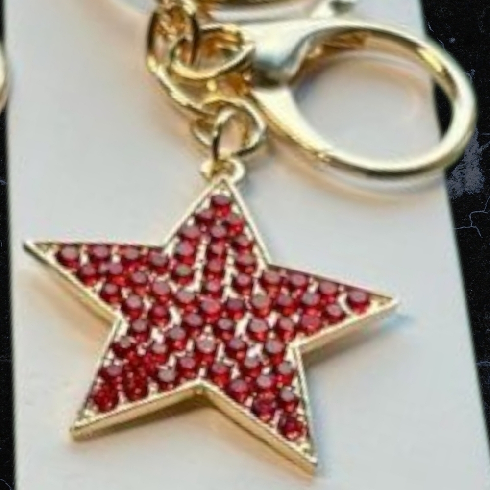 NWT RED Rhinestone STAR Gold tone Bag Charm Keychain Keys Car House Patriotic